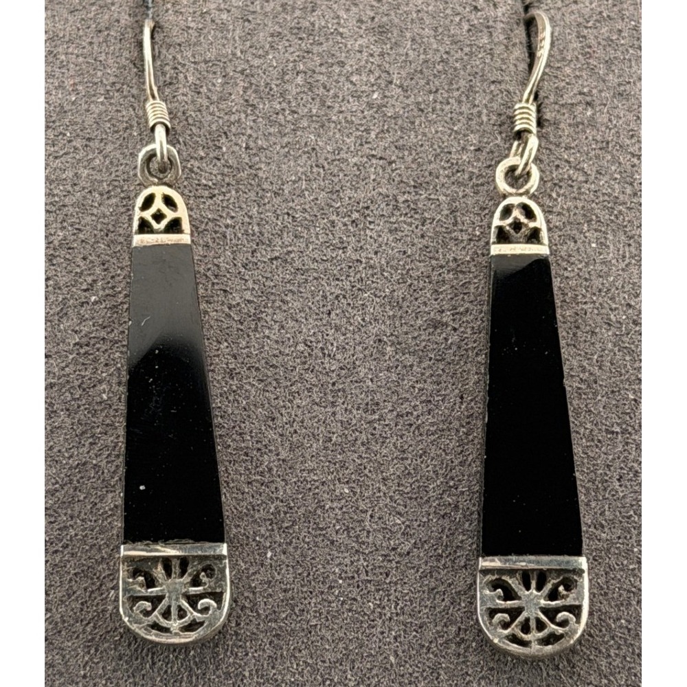 Vintage Sterling Silver Earrings Black Glass Drop Art Deco Style 925 1.25" - Picture 1 of 7